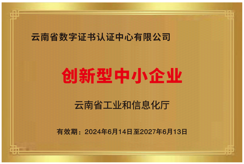 中国质量认证中心下属云南CA公司荣获云南省“创新型中小企业”称号